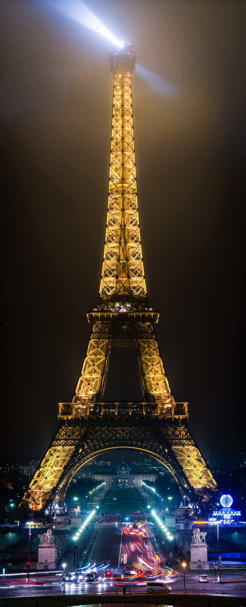 Tower and Traffic - Champ de Mars, Eiffel Tower, Europe, France, Paris, night, panorama, traffic, travel