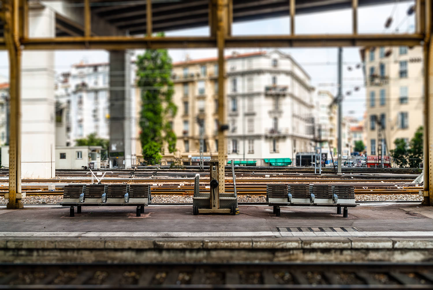 Two Benches - Europe, France, Nice, SNCF, mini-faking, miniature, station, tilt shift, travel