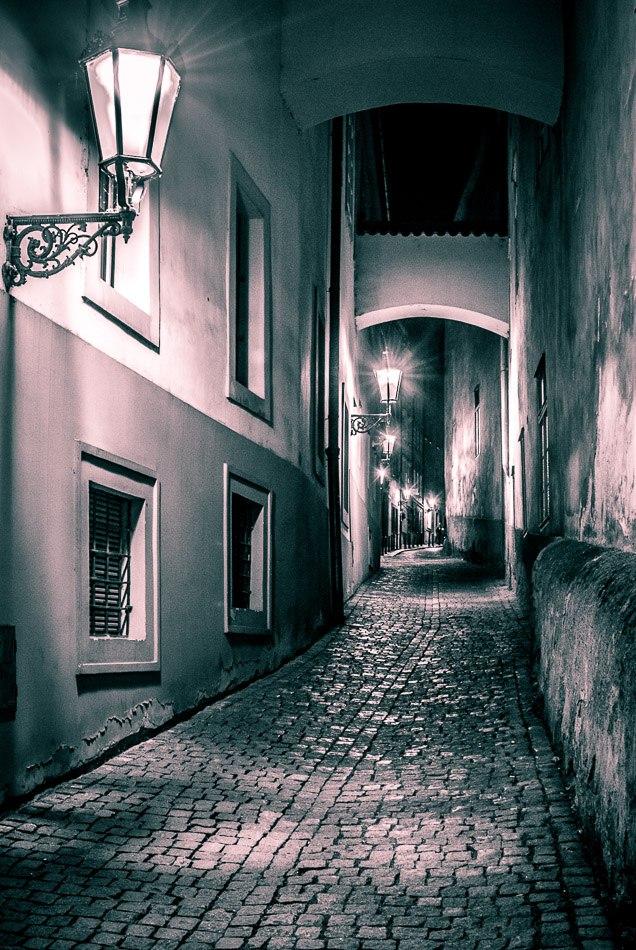 Cobblestones and Lamps - Czech Republic, Europe, Prague, night, street, travel