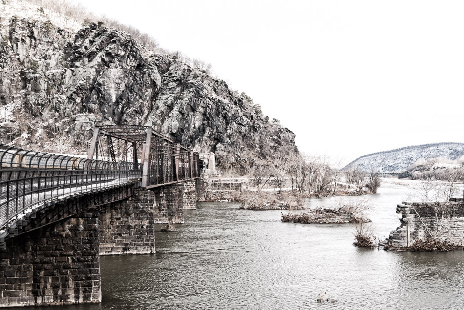 Bridges and Rubble - Harper's Ferry, Hiking, Train, Transport, USA, WV, West Virginia, bridge, snow, travel, trees, winter