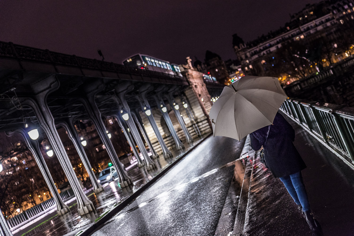 Rain on the Bridge - Europe, France, Metro, Paris, Pont de Bir-Hakeim, night, street, subway, travel, umbrella