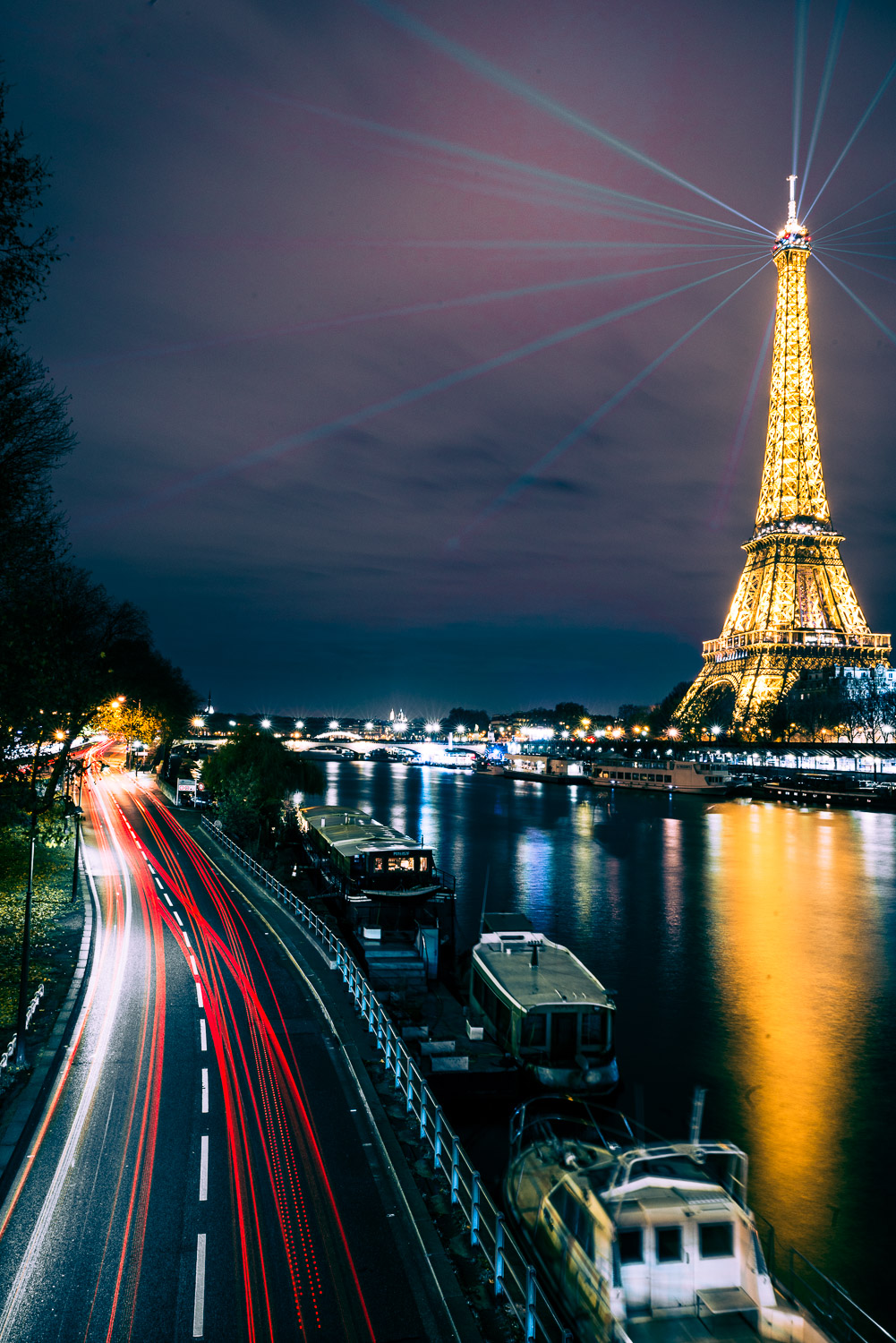 Streaks and Beams - Eiffel Tower, Europe, France, Paris, Seine, boat, boats, cars, lights, long exposure, night, river